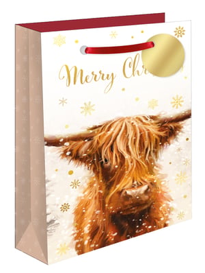 Bring a touch of festive charm to your customers' gifting with our delightful Highland Blizzard Perfume Bag! Featuring an adorable, shaggy Highland cow amidst a flurry of golden snowflakes, this bag is sure to capture hearts. The elegant 'Merry Christmas' script in shimmering gold, paired with luxurious red ribbon handles and a matching gold tag, adds a premium feel to any present.

Perfectly sized for perfumes, cosmetics, or other thoughtful small gifts, these bags offer both style and practicality. The unique design from Out of The Blue Studios Ltd. makes them a standout choice for the holiday season. Available in a convenient pack of 6, they're ready to stock your shelves and delight your shoppers.