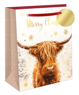 Make your Christmas gifts truly special with our charming Large Highland Blizzard Gift Bag. This delightful design features a majestic Highland cow amidst a flurry of golden snowflakes and a snowy winter wonderland. Adorned with elegant 'Merry Christmas' script in shimmering gold and finished with a rich red ribbon handle and a matching gold tag, it’s the perfect way to present festive treats. The side panels feature a subtle snowflake pattern, adding to its appeal. These large, high-quality bags are ideal for a variety of gifts and come in a convenient pack of 6, ready for your customers to enjoy this festive season.