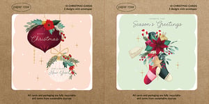 Introduce a touch of festive elegance to your customers' holiday greetings with our delightful Paper Rose 10 Peppermint Boxed Cards. Each pack contains 10 premium Christmas cards, featuring 5 of each of two enchanting designs, complete with envelopes.
Your customers will adore the first design, showcasing classic baubles adorned with 'Merry Christmas' and 'Happy New Year' wishes. The second design delights with charming Christmas stockings overflowing with festive cheer and 'Season's Greetings'.
Crafted with care, these cards are not only stunning but also fully recyclable, made from sustainable sources. Offer your shoppers a truly thoughtful and eco-conscious way to share holiday joy this season. Available in a convenient pack size of 1x6, these exquisite cards are a must-have for your festive collection.