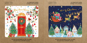 Introduce the magic of Christmas to your customers with our exquisite Paper Rose 10 Artisan Boxed Cards. This wholesale pack contains six boxes, perfect for stocking your shelves with festive cheer.
Each beautifully presented box holds 10 premium Christmas cards, featuring 5 each of two charming designs, complete with envelopes. One design showcases a warm, festive front door adorned with a wreath and twinkling trees, wishing 'Christmas Wishes'. The second captures a whimsical winter village scene under a starry night, with Santa's sleigh soaring above, proclaiming 'Merry Christmas'.
Crafted with care, these cards and their packaging are fully recyclable and sourced sustainably, offering an eco-conscious choice for the festive season. A delightful addition to any Christmas collection, these cards are sure to bring joy.