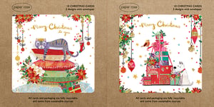 Spread festive cheer with our delightful Paper Rose 10 Artisan Boxed Christmas Cards. Each pack contains 10 beautifully crafted cards, featuring 5 of each of two enchanting designs, complete with envelopes.
One charming design showcases a regal cat dozing peacefully on a stack of vibrant pillows, surrounded by sparkling poinsettias and hanging decorations, wishing a 'Merry Christmas to you'. The second heartwarming design features an adorable white dog nestled beside a towering pile of gorgeously wrapped gifts, with a sweet bird perched above, simply saying 'Merry Christmas'.
These high-quality cards boast intricate details and a touch of festive glitter, making them perfect for sending warm wishes. Plus, you can feel good knowing all cards and packaging are fully recyclable and sourced sustainably. A truly wonderful way to celebrate the season!