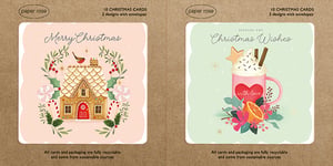 Send warm wishes this festive season with our delightful 10 Peppermint Boxed Cards from Paper Rose. This charming pack features 5 of each of two enchanting designs, perfect for spreading holiday cheer.
One card showcases a whimsical gingerbread house, adorned with peppermint candy canes and festive foliage, wishing a 'Merry Christmas'. The second design captures the cosy comfort of a hot chocolate mug, complete with a star cookie and a heartfelt 'Sending You Christmas Wishes' message.
Each card comes with an envelope, and you can feel good knowing that all cards and packaging are fully recyclable and come from sustainable sources. A truly lovely way to connect with loved ones this Christmas.