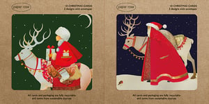 Bring enchanting festive cheer to your customers this Christmas with our delightful 10 Spirit Boxed Cards from Paper Rose. Each pack contains 10 beautifully designed cards, with 5 of each of two unique designs, complete with envelopes. Your customers will adore the whimsical illustrations: one features a charming figure riding a majestic reindeer under a crescent moon, while the other showcases a classic Santa Claus alongside his trusty reindeer, with a sweet robin adding a touch of winter magic. These cards are not only stunning but also eco-conscious, as all cards and packaging are fully recyclable and sourced sustainably. Perfect for spreading joy, these cards come in a convenient pack size of 1x6 for your retail needs.