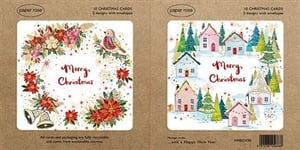 Bring festive cheer to your customers with these delightful Paper Rose 10 Artisan Boxed Christmas Cards! Each pack contains 10 beautifully crafted cards, featuring two enchanting designs (5 of each).
One design showcases a charming floral wreath adorned with a sweet robin and festive bells, exuding traditional warmth. The second design transports you to a whimsical snowy village scene, complete with cosy houses and twinkling Christmas trees, perfect for a touch of winter magic.
These high-quality cards are ideal for sending heartfelt season's greetings. Stock up on these lovely boxed sets, presented by Paper Rose, and offer your customers something truly special this Christmas.
