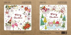 Delight your customers this festive season with our charming 10 Artisan Boxed Cards from Paper Rose. This wholesale pack contains 6 individual boxes, perfect for your retail display. Each box holds 10 beautiful Christmas cards – 5 of each of two unique, hand-drawn designs.
One design features elegant festive drinks and poinsettias, while the other depicts a classic Santa sleigh soaring over a whimsical snowy village. Both cards feature a 'Merry Christmas' greeting and include a 'Happy New Year' message inside. All cards and packaging are fully recyclable and sourced sustainably, offering a thoughtful choice for your shoppers. A truly lovely way to spread holiday cheer!