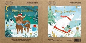Bring festive cheer to your customers with these delightful 10 Fable Boxed Christmas Cards from Paper Rose. Each box contains 10 cards, with 5 of each charming design, complete with envelopes. Your customers will adore the two unique illustrations: a cosy Highland cow in a Santa hat and scarf, and a playful polar bear on a sleigh, ready to deliver gifts. Both designs wish a "Merry Christmas" and include a message inside for "a Happy New Year". What's more, all cards and packaging are fully recyclable and sourced from sustainable materials, making them a responsible choice for the festive season. Available in a convenient pack size of 1x6, these cards are perfect for stocking your shelves.