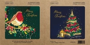 Introduce the enchanting 10 Holly Lane Boxed Cards from Paper Rose, perfect for spreading festive cheer. This delightful pack contains 10 exquisite Christmas cards, with 5 of each of two stunning designs.
One design features a charming robin perched on a berry-laden branch, beautifully adorned with sparkling gold foil accents. The second showcases a traditional Christmas tree, richly decorated with festive colours and shimmering gold, alongside a warm lantern glow.
Each card comes with an envelope, and you can feel good knowing all cards and packaging are fully recyclable and come from sustainable sources. Stock up with this convenient 1x6 pack and offer your customers truly special, eco-conscious cards this festive season.