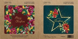 Spread festive cheer with our enchanting 10 Holly Lane Boxed Christmas Cards from Paper Rose! Each retail box contains 10 beautiful cards, offering 5 of each of two unique designs, complete with envelopes.
One design features a vibrant floral wreath in rich reds, pinks, and greens on a deep burgundy background, elegantly framing 'Merry Christmas'. The second showcases a striking gold star on a sophisticated teal backdrop, adorned with complementary festive blooms and 'Merry Christmas' within. Both designs sparkle with subtle gold accents.
Committed to sustainability, these cards and their packaging are fully recyclable and sourced from sustainable sources. Inside, they convey warm wishes for 'Merry Christmas and a Happy New Year'. A perfect choice for sending heartfelt greetings this holiday season!