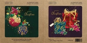Spread festive cheer with these exquisite 10 Holly Lane Boxed Christmas Cards from Paper Rose. Each pack contains 10 beautifully designed cards, with 5 of each of the two stunning designs, complete with envelopes.
Your customers will adore the rich, elegant artwork. One design features opulent baubles in deep green and gold, while the other showcases beautifully wrapped gifts against a luxurious purple backdrop, both adorned with intricate foliage and sparkling accents.
Inside, each card carries a warm 'Merry Christmas and a Happy New Year' message. Plus, you can feel good knowing that all cards and packaging are fully recyclable and sourced sustainably. A truly thoughtful choice for the festive season!