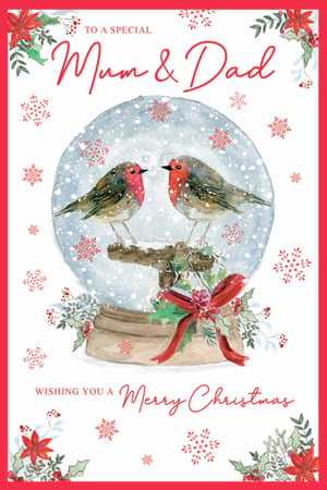 Introduce a touch of festive warmth to your Christmas card collection with this delightful 'Mum & Dad' design from Paper Rose. Featuring a beautifully illustrated snow globe, two charming robins take centre stage amidst a flurry of snowflakes. The globe's base is adorned with a classic red bow and lush winter foliage, creating a truly heartwarming scene. With its heartfelt message, 'TO A SPECIAL Mum & Dad, WISHING YOU A Merry Christmas', this card is perfect for customers looking to send love to their parents. Supplied in a convenient pack of 6, it's a wonderful choice for your seasonal offerings.