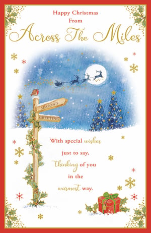 Send warm festive wishes across the miles this Christmas with this beautiful card from Paper Rose. Featuring a charming snowy scene, Santa's sleigh soars past a full moon, while a friendly robin perches on a holly-decorated signpost pointing to 'Season's Greeting'. The heartfelt message inside reads, 'With special wishes just to say, Thinking of you in the warmest way.' Complete with a festive gift and sparkling snowflakes, this card is perfect for loved ones far away. Each pack contains 6 cards, ensuring you have plenty to share the joy. A truly special way to connect this holiday season.