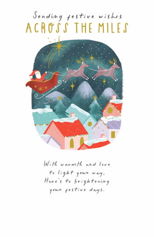Send heartfelt festive greetings to loved ones near and far with our charming 'Across The Miles' Christmas card from Paper Rose. This enchanting design captures the magic of the season, featuring Santa and his reindeer soaring over a twinkling, snow-covered village under a starry night sky.
The thoughtful message inside reads, 'With warmth and love to light your way. Here's to brightening your festive days,' making it perfect for sharing joy and connection during the holidays. Ideal for those who wish to send warm wishes across any distance. Each pack contains 6 beautifully crafted cards, ready to spread cheer this Christmas.