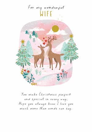 Help your customers celebrate their wonderful wife this Christmas with this enchanting card from Paper Rose. Featuring a heartwarming scene of two deer in a festive, snowy landscape, complete with decorated trees and a soft pink sky, it beautifully conveys love and affection. The tender message inside reads, 'You make Christmas perfect and special in every way. Hope you always know I love you much more than words can say.' A truly special card for a truly special person. Available in a convenient 1x6 pack for your retail display.