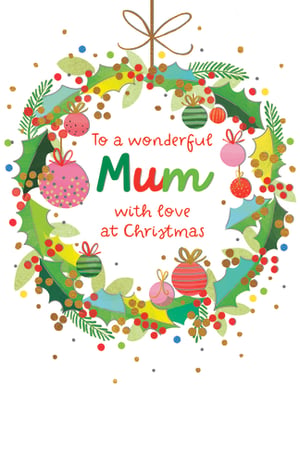 Help your customers celebrate their wonderful Mums this Christmas with this charming card from Paper Rose. This festive design features a beautifully illustrated Christmas wreath, bursting with traditional holly, berries, and pine sprigs. Adorned with an array of colourful baubles and a sprinkle of golden glitter, it captures the joy of the season perfectly. The heartfelt message, "To a wonderful Mum with love at Christmas," is presented in a playful font, with 'Mum' highlighted in vibrant green and red. It's a truly special way to send festive greetings. Supplied by Paper Rose, this delightful card comes in a convenient pack of 6, ready to brighten up your Christmas card selection.