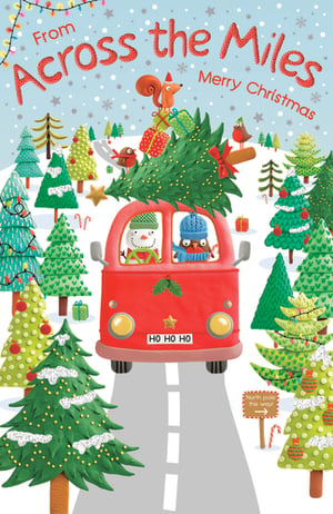 Send warm festive wishes far and wide with our delightful 'Across The Miles' Christmas card. This charming design from Paper Rose features a whimsical scene of a little red car, driven by a cheerful snowman and a bundled-up owl, transporting a beautifully decorated Christmas tree. A friendly squirrel and robin perch atop the tree, adding to the festive cheer with their little gifts.
Surrounded by a snowy wonderland of twinkling Christmas trees and a sign pointing to the North Pole, this card perfectly captures the joy of sending love from a distance. It's an ideal choice for customers looking to connect with loved ones near or far during the holiday season.
Each pack contains 6 of these lovely cards, ready to bring smiles to your customers' faces.