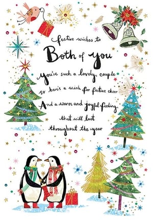 Spread double the festive cheer with our charming 'To Both Of You' Christmas card from Paper Rose. This delightful design features an adorable pair of penguins, holding hands amidst beautifully decorated Christmas trees and sparkling festive elements. The heartfelt message inside wishes a lovely couple 'festive cheer and a warm and joyful feeling that will last throughout the year'.
Perfect for sending warm wishes to partners, friends, or family couples, this card is sure to bring a smile. Stock up on this wonderfully sweet and inclusive design, ideal for the holiday season. Available in a convenient pack of 6.