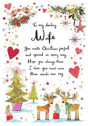 Introduce your customers to this truly special 'Wife' Christmas card from Paper Rose. This charming design features delightful festive scenes, from sweet love birds and poinsettias to adorable reindeer and sparkling Christmas trees, all set against a whimsical, snowy backdrop.

The heartfelt message inside reads: "To my darling Wife, You make Christmas perfect and special in every way. Hope you always Know I love you much more than words can say." This touching sentiment is sure to resonate, making it the perfect way to express love during the festive season.

Offered in a convenient pack of 6, this card is an essential addition to your seasonal greeting card selection, allowing your customers to share their deepest affection this Christmas.