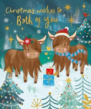 a christmas card with two cows and the words " christmas wishes to both of you "