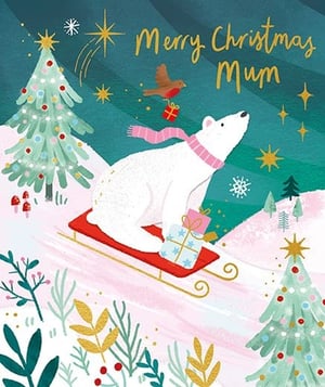 Bring a touch of winter wonder to your Christmas card selection with this absolutely delightful 'Mum' card from Paper Rose. Featuring a charming polar bear, complete with a cosy pink scarf, enjoying a festive sled ride with gifts, this design is sure to warm any mum's heart. A friendly robin flies overhead, carrying its own little present, adding to the whimsical scene.

Adorned with sparkling Christmas trees, golden stars, and delicate snowflakes against a beautiful teal backdrop, this card perfectly captures the magic of the season. The elegant gold script wishing "Merry Christmas Mum" makes it a truly special message.

Supplied by Paper Rose, this heartwarming design comes in a convenient pack size of 1x6, ready for your customers to share their love this festive season.