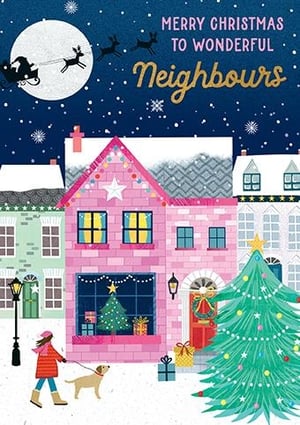 Spread festive cheer this season with our enchanting 'Neighbours' Christmas card from Paper Rose. This delightful design captures the magic of Christmas Eve, featuring Santa and his reindeer soaring over a charming street blanketed in snow. Twinkling lights adorn the houses, with decorated Christmas trees visible through windows and standing proudly outside. A heartwarming scene of a person walking their dog adds a touch of everyday joy to this special card. The perfect way to send warm wishes and say 'Merry Christmas to Wonderful Neighbours'. Each pack contains 6 cards, ready to bring smiles to your customers' local communities.