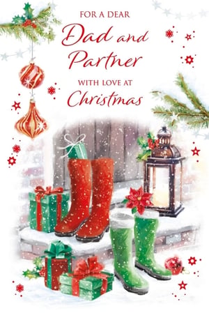 Spread festive cheer this Christmas with our heartwarming 'Dad & Partner' card from Paper Rose. This beautifully illustrated design captures the magic of the season, featuring a charming snowy doorstep adorned with festive red and green wellington boots, twinkling presents, and a warm glowing lantern. Delicate holly, fir branches, and sparkling baubles complete this idyllic winter scene, perfect for conveying your warmest wishes.

Designed with love, the card's message 'FOR A DEAR Dad and Partner WITH LOVE AT Christmas' makes it an ideal choice for celebrating a special couple. Stock up on this delightful design, available in a convenient pack size of 1x6, ensuring your customers can find the perfect card for their loved ones this holiday season.
