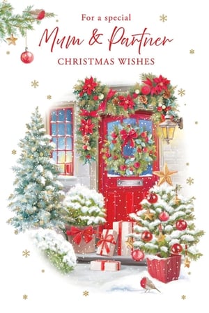 Share the warmth of the season with our 'Mum & Partner' Christmas card, brought to you by Paper Rose. This enchanting design features a beautifully decorated red front door, complete with festive wreaths, garlands, and poinsettias, all nestled in a charming snowy scene. Snow-dusted trees, inviting presents on the doorstep, and a sweet robin add to the magical winter wonderland. It's the perfect way to send heartfelt Christmas wishes to a special Mum & Partner. Stock up with our convenient pack of 6 and spread festive cheer this holiday season.
