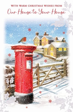 Capture the true spirit of the season with our 'House to House' Christmas card from Paper Rose. This enchanting design features a classic snowy village scene, where a cheerful robin perches atop a traditional red post box. Warm lights glow from cosy homes in the background, all beneath a flurry of delicate snowflakes. It's the perfect way to send heartfelt 'Warm Christmas Wishes From Our House to Your House'. Each pack contains 6 beautiful cards, ready to bring festive joy to your customers.