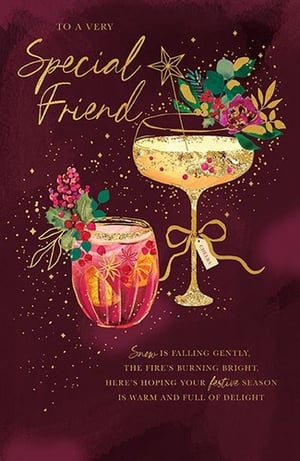 Help your customers celebrate their cherished friendships this Christmas with this exquisite "Friend Female" card from Paper Rose. Adorned with two beautifully illustrated festive cocktails, complete with winter berries, foliage, and sparkling gold details, it exudes seasonal charm. The rich burgundy backdrop and elegant script "To a Very Special Friend" make it truly stand out. Inside, a delightful poem wishes a warm and delightful festive season. Available in a handy pack of 6, these cards are perfect for adding a touch of festive cheer to your greeting card display.