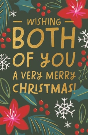 Add a touch of festive warmth to your Christmas card selection with the 'To Both Of You' design from Paper Rose. This beautifully illustrated card is ideal for customers looking to send heartfelt wishes to couples, friends, or family. Against a rich, deep green background, the shimmering gold lettering proclaims 'WISHING BOTH OF YOU A VERY MERRY CHRISTMAS!'.
The design is further enhanced with traditional yet stylish elements, including vibrant red flowers, classic holly, festive berries, and delicate white snowflakes. Supplied in a convenient pack of 6 (1x6), these cards are a must-have for the holiday season, offering both quality and charm. Ensure your shelves are stocked with this inviting design, perfect for spreading joy.