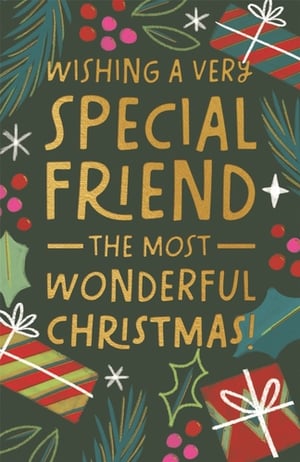 Send warm festive wishes to a special friend this Christmas with this beautiful card from Paper Rose. Featuring a rich, dark green background adorned with classic Christmas foliage, berries, and charming gift illustrations, the design is both traditional and stylish. The heartfelt message, 'Wishing a very special friend the most wonderful Christmas!', is elegantly presented in shimmering gold lettering. This delightful card is perfect for showing appreciation to those cherished friends. Available in a convenient pack of 6, it's an ideal addition to your festive card selection.