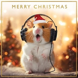 Get ready to spread some serious festive cheer with this utterly adorable Christmas card from Paper Rose! Featuring the cutest hamster you ever did see, sporting a tiny Santa hat and headphones, it looks like our little friend is belting out a favourite Christmas carol. Its wide-open mouth and joyful expression are guaranteed to bring a smile to anyone's face.

Set against a beautifully blurred backdrop of twinkling Christmas lights and falling snowflakes, this card perfectly captures the magic of the season. The elegant gold border and crisp 'MERRY CHRISTMAS' message add a touch of sophistication. Perfect for customers looking for a unique and heartwarming greeting, these delightful cards are supplied in convenient packs of 6, ready to brighten up your festive display.