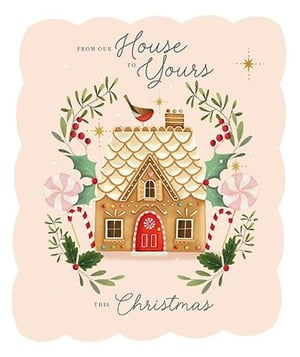 Bring festive cheer to your customers with our delightful 'House to House' Christmas cards from Paper Rose. This charming design features a beautifully illustrated gingerbread house, complete with a snowy roof, candy decorations, and a welcoming red door. A sweet robin perches on top, surrounded by traditional holly, berries, and candy canes, all set against a soft pink, scalloped background. The heartwarming message 'From Our House to Yours This Christmas' makes it perfect for sending season's greetings. Available in a convenient pack of 6, these cards are ideal for retailers looking to offer a touch of warmth and tradition this holiday season.