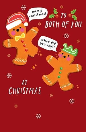 Add a sprinkle of festive fun to your Christmas card selection with Paper Rose's "To Both Of You" card. This charming design features two cheerful gingerbread men on a vibrant red background, adorned with snowflakes. One gingerbread man, sporting a Santa hat, wishes "merry christmas!", while the other, with a bite taken from his head, comically asks "what did you say??". This humorous and sweet card is ideal for sending warm wishes to a special pair during the holidays. Its playful design is sure to bring smiles. Available in a convenient 1x6 pack, it's a delightful addition to your seasonal offerings.