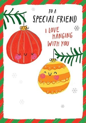Spread festive cheer with this adorable Christmas card from Paper Rose, perfect for a special female friend. Featuring two charming, smiling baubles playfully 'hanging' from fir branches, this card delivers a heartwarming message: 'TO A SPECIAL FRIEND I LOVE HANGING WITH YOU'.
The vibrant red and yellow baubles, set against a crisp white background with subtle snowflakes, create a truly delightful design. Finished with a festive red and green striped border, it's an ideal choice for showing appreciation during the holidays. Stock up with this lovely card, available in a convenient 1x6 pack, and help your customers celebrate their cherished friendships this Christmas season.