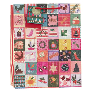 Make your festive gifts truly special with our delightful Large Patchwork Gift Bag. This charming bag features a vibrant, eye-catching patchwork design, adorned with an array of whimsical Christmas illustrations. From classic holly and candy canes to gingerbread men, reindeer, and festive cakes, each square tells a little story, bringing joy to every present. The cheerful 'FA LA LA LAAA' gift tag adds an extra touch of seasonal cheer, proudly highlighting its eco-friendly credentials. Perfect for holding a variety of gifts, this large bag is designed to make your presents stand out under the tree. It's the ideal way to add a touch of handmade charm and festive spirit to any Christmas celebration.