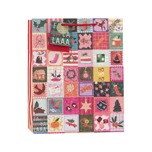 Get ready for the festive season with our delightful Medium Patchwork Gift Bag! This charming bag features a vibrant, eye-catching design made up of numerous small, hand-drawn-style illustrations, each depicting a classic Christmas motif from gingerbread men and holly to twinkling stars and festive treats. The rich, varied colours and playful imagery create a truly unique and joyful presentation for any gift. Complete with sturdy red cord handles and an 'FA LA LA LAAA' eco-friendly gift tag, it's the perfect way to add an extra touch of holiday cheer. Available in a convenient pack of 6, these bags are a must-have for your seasonal stock.