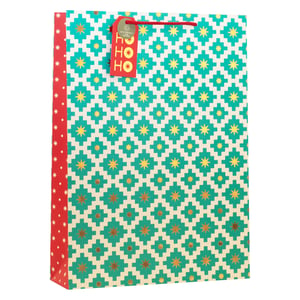 Make your gifts shine with our Extra Large Geo Star Gift Bag! This stunning bag features a contemporary geometric pattern in vibrant teal and cream, beautifully accented with shimmering gold stars. A festive red side panel adorned with delicate dots adds an extra touch of charm, perfectly complementing the sturdy red cord handles.
Complete with a delightful 'HO HO HO' gift tag, this extra-large bag is perfect for presenting those generously sized presents during the festive season. Its eye-catching design ensures your customers' gifts will stand out under any tree. Available in a convenient pack of 6 from Partisan Products Ltd, it's a must-have for your seasonal gift wrap collection.