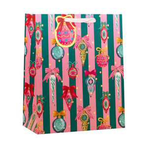 Add a touch of festive flair to your customers' gifts with our delightful Medium Bow Baubles Gift Bag! This charming bag features a vibrant design of alternating pink and teal green stripes, adorned with an array of beautifully illustrated Christmas baubles and elegant icicle decorations. Each ornament is topped with a sweet bow in coordinating shades of red, pink, or gold, creating a truly eye-catching look.
Perfect for presenting presents with style, these bags are sure to make any gift feel extra special. Stock up for the holiday season with this convenient pack of 6, ideal for retailers. From Partisan Products Ltd., these bags combine quality with a cheerful, classic Christmas aesthetic.