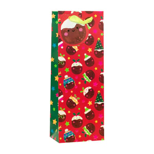 Add a touch of festive fun to your bottled gifts with our Christmas Puds Bottle Bag! This delightful bag showcases a charming pattern of cheerful Christmas puddings, each adorned with a different festive hat, all on a bright red background sprinkled with colourful stars. The green side panel, featuring its own starry design, complements the main pattern beautifully. Ideal for presenting wine, spirits, or other bottled treats, this bag is designed to spread holiday cheer. It includes a sweet pudding-shaped tag and a bright yellow ribbon handle for easy carrying. Available in convenient packs of 6, these bags are a wonderful addition to your seasonal gift packaging range.