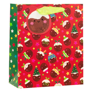 Get ready for a truly adorable Christmas with our Large Christmas Puds Gift Bag! This charming bag features a vibrant red background adorned with a delightful array of cute Christmas puddings, each sporting a unique festive accessory from Santa hats to reindeer antlers. The cheerful faces and bright colours, complemented by star-studded green side panels, make this bag an instant festive favourite. Perfect for holding those special Christmas gifts, its generous size ensures plenty of room for presents. Supplied by Partisan Products Ltd. in a convenient pack of 6, these bags are a must-have for your seasonal stock. Bring a smile to every gift recipient this holiday season with these delightful gift bags!