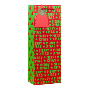 Present your festive gifts beautifully with our Merry Xmas Bottle Bag. This vibrant red bag features a cheerful repeating pattern of 'MERRY ? XMAS' in bright green, complemented by a charming green side panel adorned with Christmas tree silhouettes. Each bag includes a delightful red tree-shaped gift tag, highlighting its eco-friendly and 100% recyclable nature.
Perfect for gifting bottles of wine or spirits, this bag adds a wonderful touch of Christmas spirit to any present. Supplied by Partisan Products Ltd., these bottle bags come in a convenient pack of 6, ensuring you're ready for the holiday season. Make your Christmas gifting both stylish and sustainable.