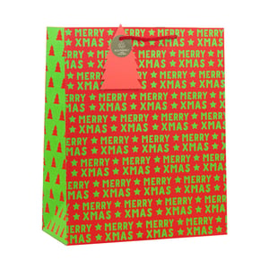 Make gifting extra special this Christmas with our Medium Merry Xmas Gift Bag. Featuring a vibrant red design adorned with a cheerful green "MERRY ? XMAS" pattern, and festive green side panels with charming red Christmas trees, this bag is sure to delight. It includes a robust red cord handle and an eco-friendly, recyclable Christmas tree tag, highlighting a thoughtful touch. Perfect for retailers, these medium-sized bags are supplied in convenient packs of 6, ensuring you're well-stocked for the holiday season. Present your gifts beautifully and responsibly!