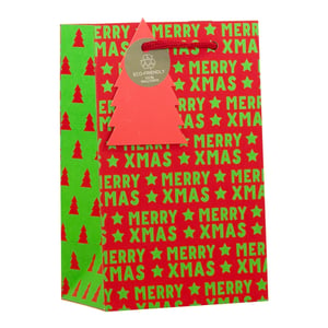 Prepare for the festive season with our charming Small Merry Xmas Gift Bag! This bag features a vibrant red background, decorated with bright green 'MERRY XMAS' text and green stars. The contrasting green side panels showcase an array of red Christmas tree silhouettes, adding a festive flair.
Each bag comes with a stylish red Christmas tree tag, noting its 'ECO-FRIENDLY' and '100% Recyclable' credentials – a great choice for eco-aware customers. Finished with red braided handles, these bags are perfect for small gifts. Available in a convenient pack of 6 from Partisan Products Ltd., they're an excellent addition to your Christmas retail offering.
