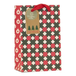 Get ready for the festive season with our charming Small Christmas Essentials Gift Bag! This delightful bag features a classic Christmas design, perfect for presenting those thoughtful gifts.
The main body showcases a stylish geometric pattern of rich green, festive red squares, and cream diamonds, complemented by a side panel adorned with traditional white baubles. Each bag comes with a lovely kraft-style gift tag, featuring cheerful green Christmas trees and 'HO HO HO' lettering. What's more, the tag proudly highlights its eco-friendly credentials, being 100% recyclable – a wonderful touch for the environmentally conscious.
Finished with a vibrant red ribbon handle, these bags are as practical as they are pretty. Ideal for small presents, stocking fillers, or party favours, they add a touch of festive cheer to any gift. Available in convenient packs of six, ensuring you're well-stocked for the busiest time of year.