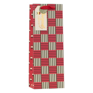 Elevate your festive offerings with our charming Christmas Essentials Bottle Bag from Partisan Products Ltd. Perfect for presenting wine, spirits, or other bottled gifts, this bag combines practicality with delightful seasonal style.
The main body features a classic red and green checkered pattern, reminiscent of a cosy Christmas blanket, while the side panel is adorned with whimsical Christmas pudding motifs. A lovely 'SEASON'S Greeting' gift tag, complete with a festive icon and an eco-friendly message, adds a thoughtful touch, all finished with a sturdy red ribbon handle.
Supplied in a convenient pack of 6, these bottle bags are a must-have for your customers looking for elegant and ready-to-go gift packaging this holiday season. Make gifting effortless and stylish!