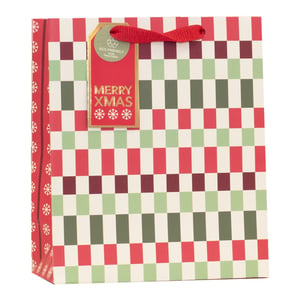 Get ready for the festive season with our Medium Christmas Essentials Gift Bags, available in a convenient pack of 6. These charming bags boast a delightful checkered pattern in classic Christmas hues of red, burgundy, and green, set against a cream background. The side panels feature a whimsical white snowflake design on a vibrant red, adding an extra touch of seasonal cheer. Each bag is finished with a sturdy red ribbon handle and a festive "MERRY XMAS" gift tag. Your customers will also appreciate the eco-friendly aspect, as the tag proudly highlights their 100% recyclable nature. Perfect for presenting gifts, these bags from Partisan Products Ltd. are a must-have for your holiday stock.