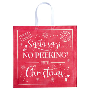 a red bag that says santa says no peeking until christmas