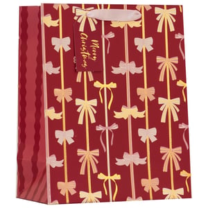 Make every gift feel extra special this Christmas with our Large All Wrapped Up Gift Bag. This stunning bag boasts a rich, festive red background, beautifully embellished with vertical ribbons and an elegant assortment of golden and cream bows. It's the perfect way to present those cherished holiday surprises, complete with a "Merry Christmas" gift tag already attached. Designed for both style and convenience, it features sturdy construction and soft ribbon handles for easy carrying. Stock up on these must-have bags from Partisan Products Ltd. and help your customers add a touch of festive elegance to their presents. Available in a handy pack of 6.