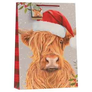 Get ready for the festive season with our delightful Extra Large Cedar and Sage Gift Bag! This charming bag features a wonderfully shaggy Highland cow, complete with a festive Santa hat, ready to spread some Christmas cheer. The beautifully illustrated design is adorned with delicate snowflakes and traditional holly berries, set against a soft, wintery background. A classic red plaid pattern on the side adds an extra touch of seasonal style. Perfect for those generous gifts, this extra-large bag ensures your presents are beautifully presented. Available for wholesale in a pack size of 1x6 from Partisan Products Ltd, it's an excellent choice for retailers seeking unique and memorable festive packaging.