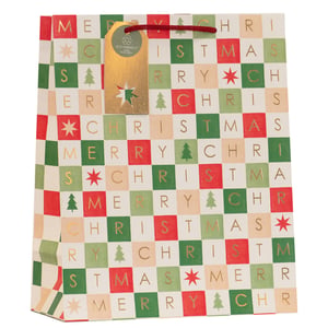 Get ready for the festive season with our Large Christmas Grid Gift Bag! This eye-catching bag features a charming checkerboard design in classic red, green, and cream, adorned with shimmering gold "MERRY CHRISTMAS" lettering and delightful festive motifs like stars and Christmas trees. Perfect for presenting those special gifts, its large size ensures plenty of space for all your thoughtful presents. What's more, it comes with an eco-friendly tag, proudly stating it's 100% recyclable, making it a responsible choice for the holidays. These festive bags are available in a convenient pack of 6, ready to stock your shelves and delight your customers.